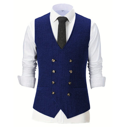 Men Vest Champagne Herringbone Double Breasted V-Neck Waistcoat for Wedding & Business