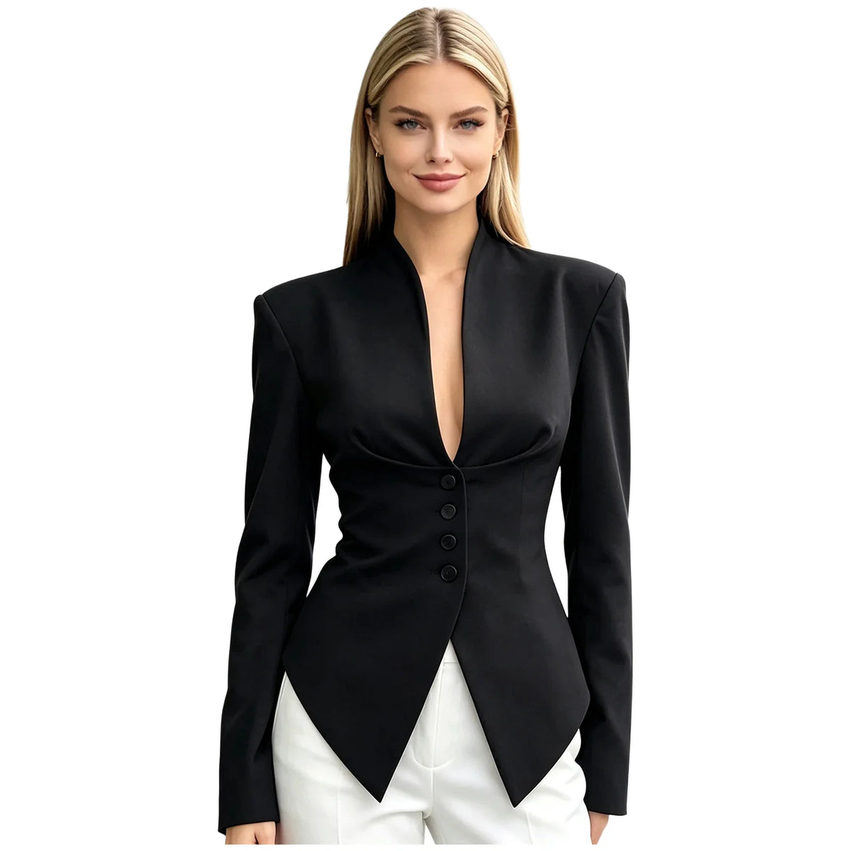 Women Korean Fashion Suits Jacket Button-down Solid Color Blazer Coats Padded Shoulder Pointed Hem Blazers Office Lady Outerwear