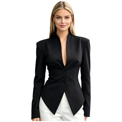 Women Solid Color Blazer V Neck Long Sleeve Padded Shoulders Belted Waist Button Pointed Hem Jacket Coat Office Lady Outerwear