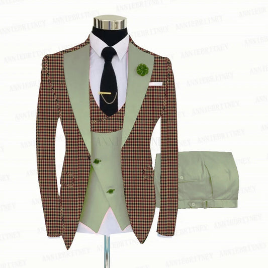 Fashion Burgundy Plaid Men Suits 3 Pieces Formal Slim Fit Business Blazer Sets Groom Prom Wedding Suit Tuxedo Costume Homme