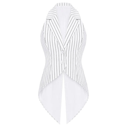 Women Striped Tailcoat Vest Waitress Waistcoat Sleeveless Jazz Dance Swallowtail Jacket Tuxedo Halloween Magic Cosplay Costume