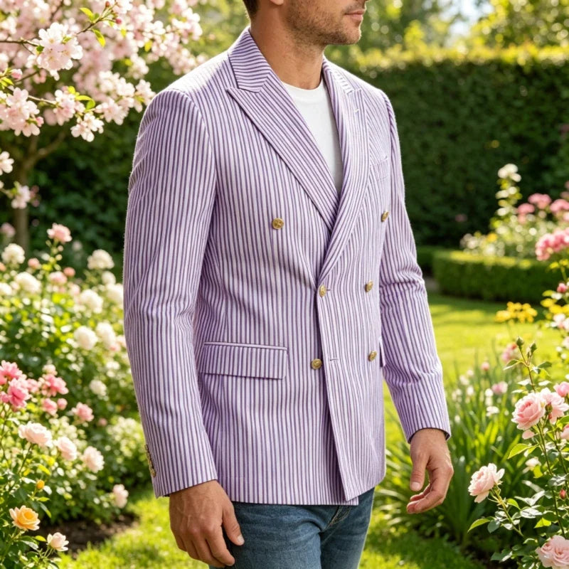 Vintage Men's Striped Double Breasted Blazer Casual Business Suit Jacket Lightweight Notched Lapel Sport Coat Wedding Party Wear