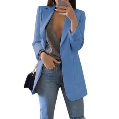 Women's Casual Blazer Notched Lapel Long Sleeve Open Jacket with Pockets Slim Fit Spring Autumn Office Lady Streetwear Coat