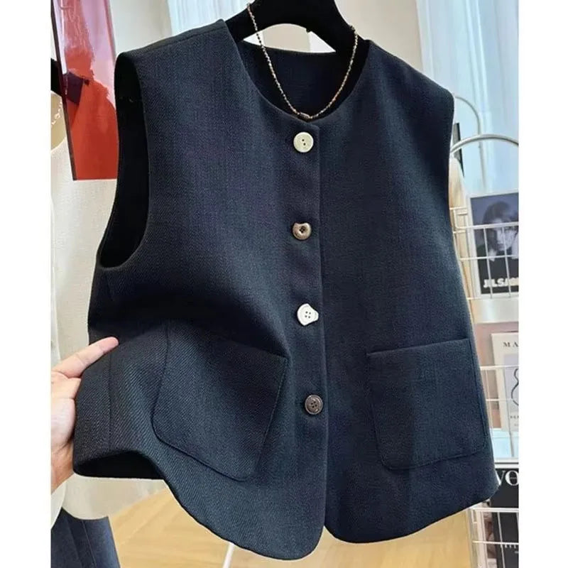 French Femme High End Waistcoat Tops Outwear Women Fashion Round Neck Sleeveless Jacket Spring Autumn Lady Solid Color Vest Coat