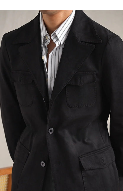 Hunting Jacket With Lapel Collar Men's Vintage-Style Faux Suede Blazer Fashionable Casual Italian Slim Fit Trendsetter Safari