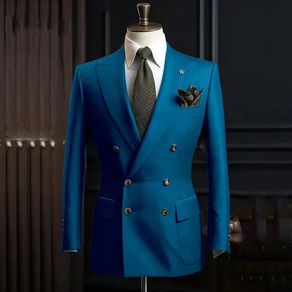Solid Blazer for Men Peak Lapel Double Breasted Dinner Jacket Elegant Smoking Slim Fit Suit Coat for Wedding/Business Banquet