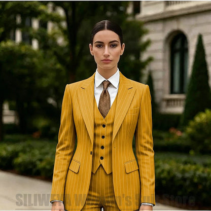 White Striped Women Suit 3 Piece Chic Peak Lapel One Button Blazer Vest Pants Formal Office Business Wedding Party Wear