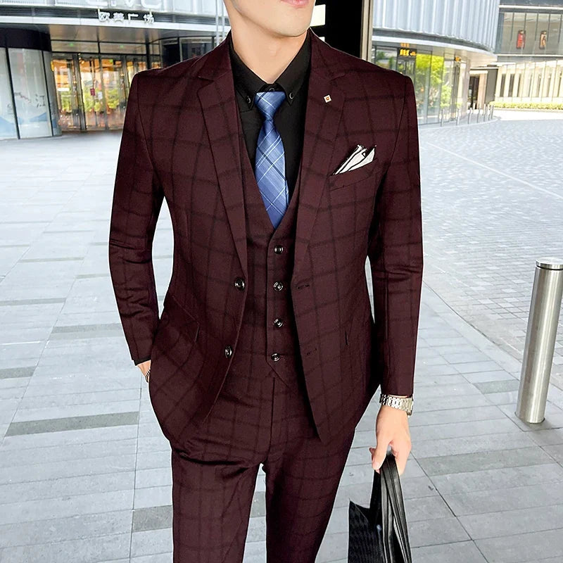 Men's 3-Piece Suit Set Stylish Handsome English Plaid All-fit Jacket Waistcoat Trousers M-5XL 2025 Trendy Men's Formal Wear