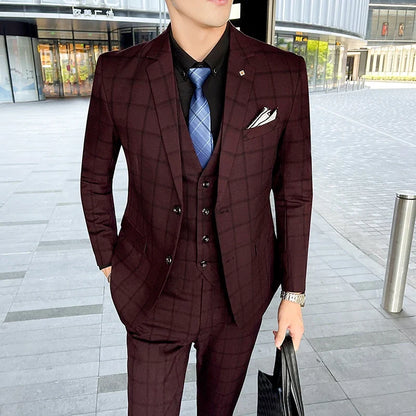 Men's 3-Piece Suit Set Stylish Handsome English Plaid All-fit Jacket Waistcoat Trousers M-5XL 2025 Trendy Men's Formal Wear