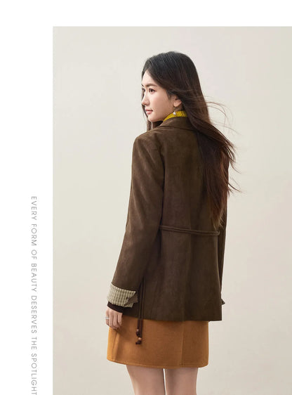 Women's Suede Casual Blazer Notched Lapel Loose Mid Length Outerwear 2026 Autumn New Brown Ladies Coat W63XC8300