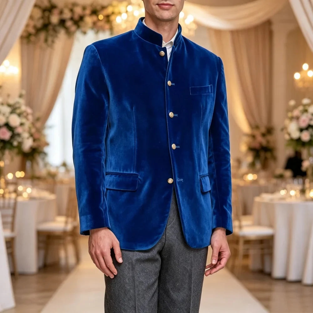 Single Breasted Velvet Suit Jacket Men with Stand Collar 1 Piece Fashion Blazer for Wedding Prom Formal Gentleman Suit Wear