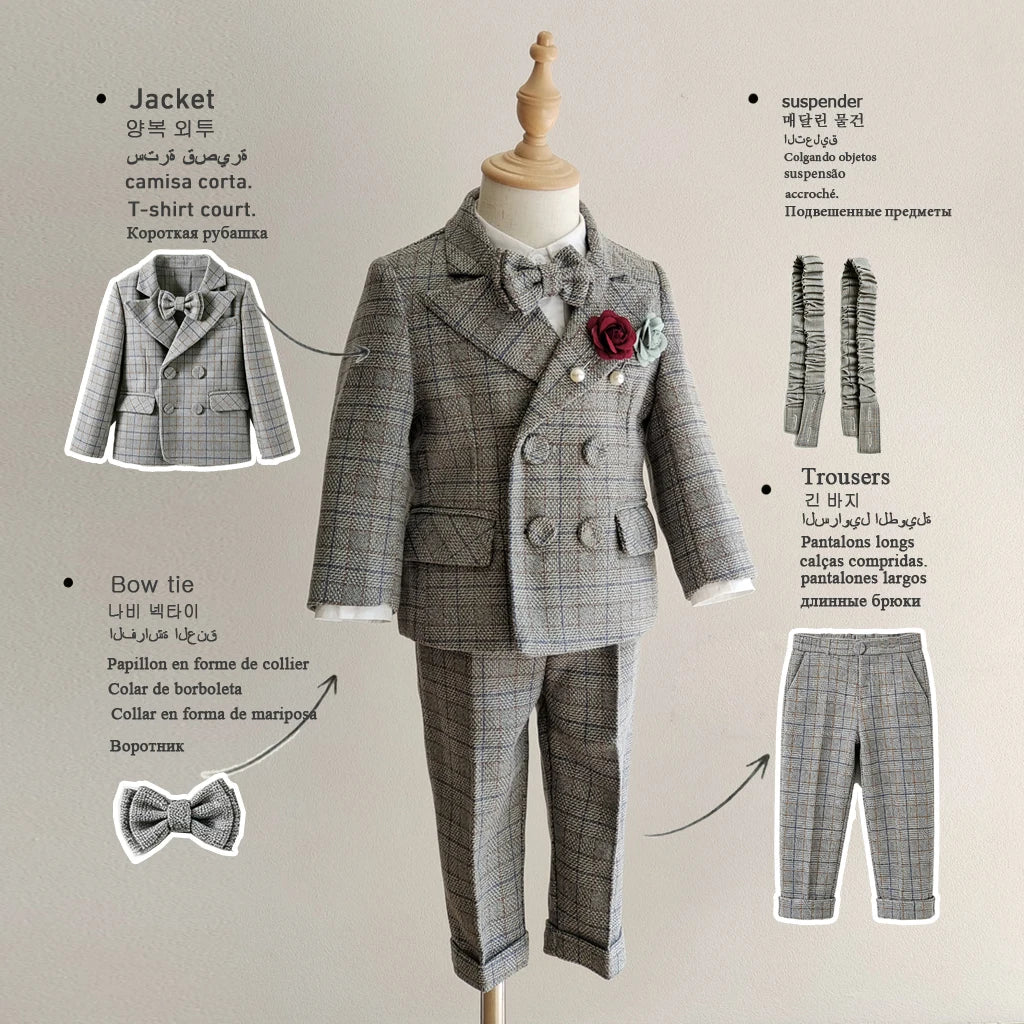 Kids Boys Gentleman Plaid Suit Outfit Jacket Pants Suspenders Bow Tie Formal Wedding Party Photograph Costume for Baby Boy Cloth