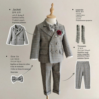 Kids Boys Gentleman Plaid Suit Outfit Jacket Pants Suspenders Bow Tie Formal Wedding Party Photograph Costume for Baby Boy Cloth
