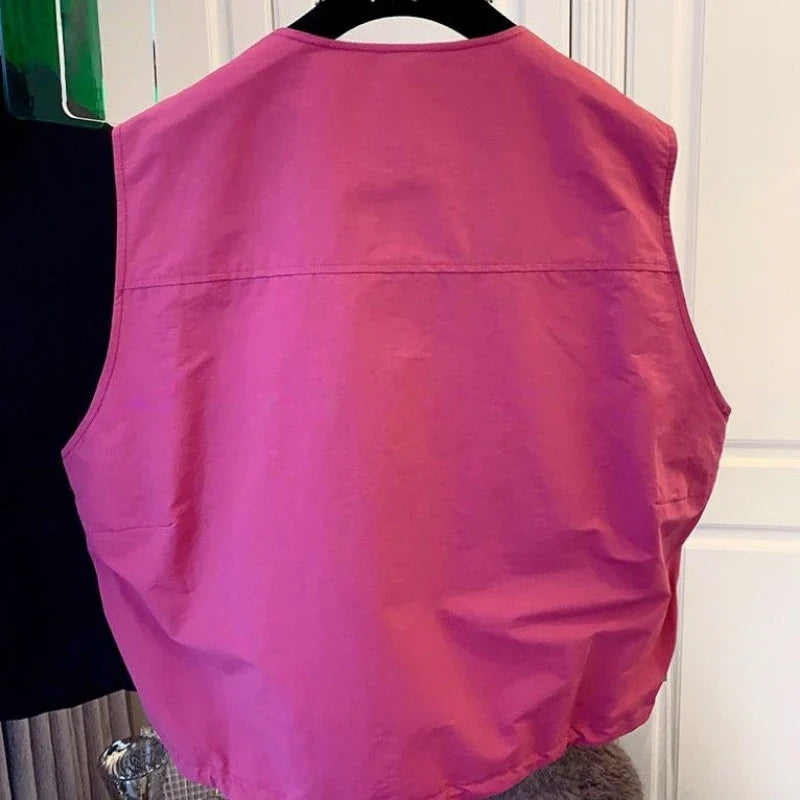 Women's Vest 2026 New Solid Color Round Neck Zipper Loose Sleeveless Jacket Vest Female Casual Tops Ladies Waistcoat Outerwear