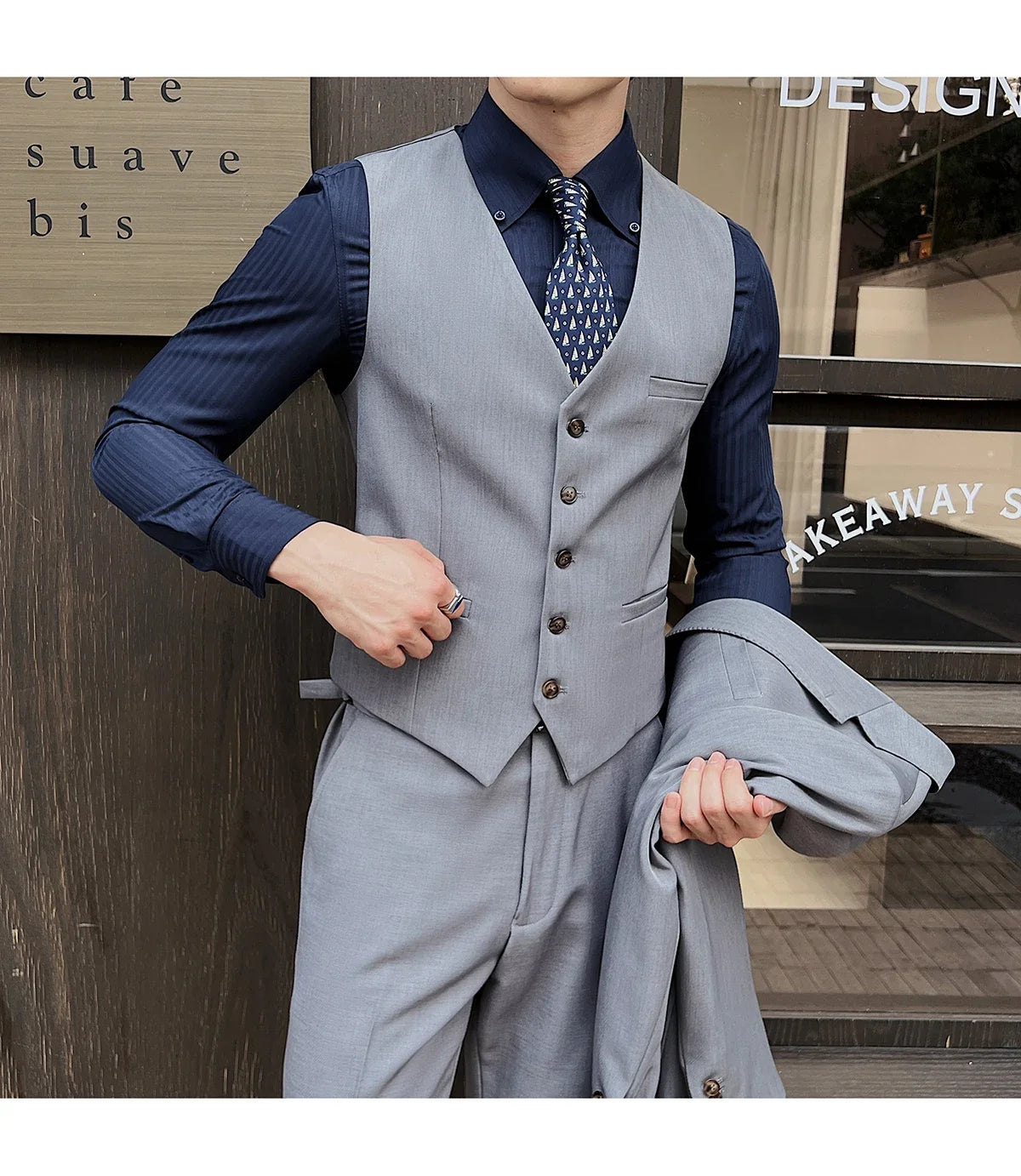 ( Jacket+Vest+Pants ) ltalian Style Luxury High-end Fashion Solid Color Mens Business Slim Suit 3Piece Set Groom Wedding Tuxedo
