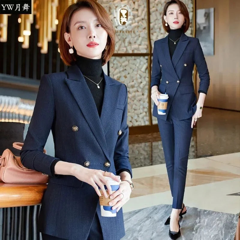 Elegant Office Ladies Two Piece Sets Womens Outifits 2025 New Double Breasted Long Sleeve Blazers Loose Casual Pant Suits