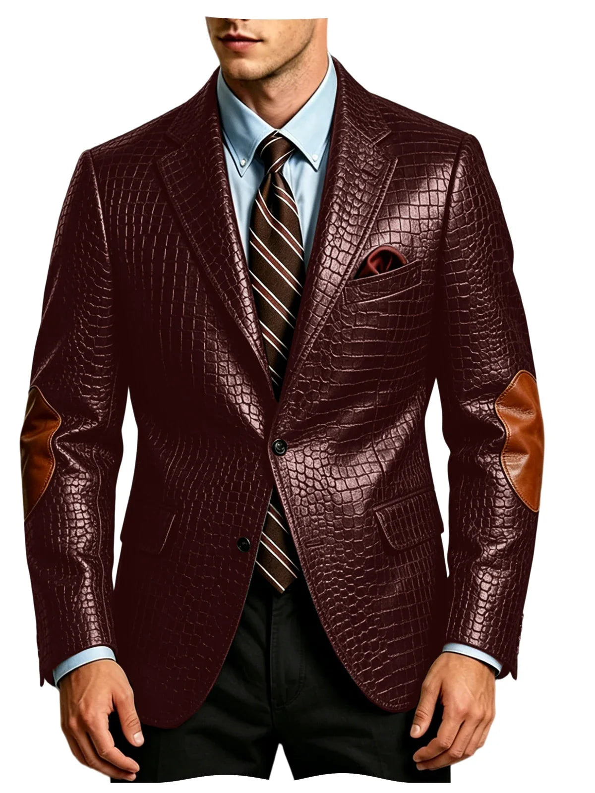 Men's Faux Leather Blazer  Crocodile Pattern Printed Sports Coat Jacket with Elbow Patch  For Party Prom Banquet Wedding Office