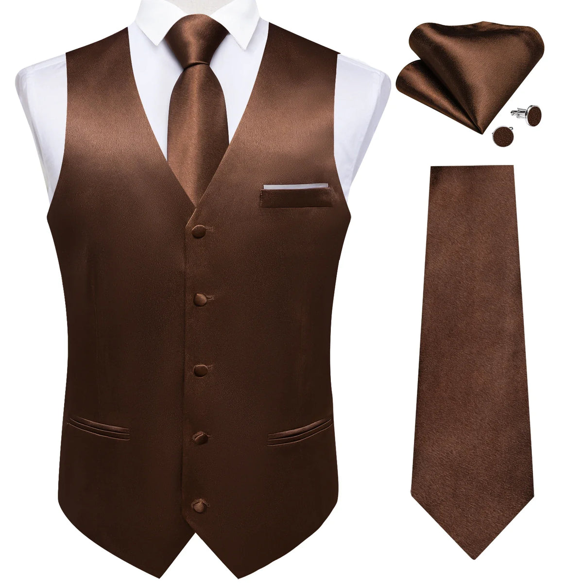 Men's Satin Suit Vest Set with Tie Handkerchief and Cufflinks for Wedding and Prom