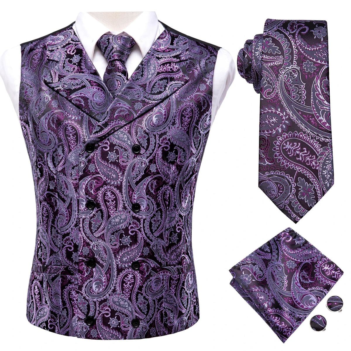 Men's Paisley Vest 4-Piece Set – Slim Fit Waistcoat with Necktie, Pocket Square & Cufflinks for Weddings
