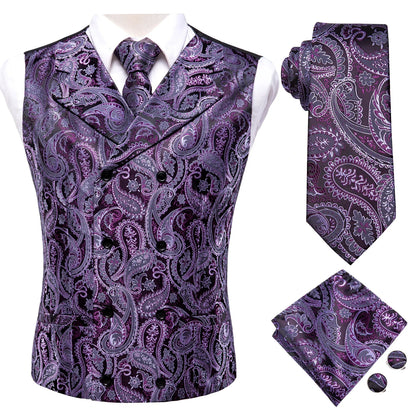 Men's Paisley Vest 4-Piece Set – Slim Fit Waistcoat with Necktie, Pocket Square & Cufflinks for Weddings