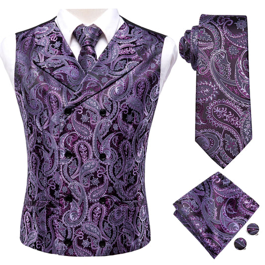 Men's Paisley Vest 4-Piece Set – Slim Fit Waistcoat with Necktie, Pocket Square & Cufflinks for Weddings
