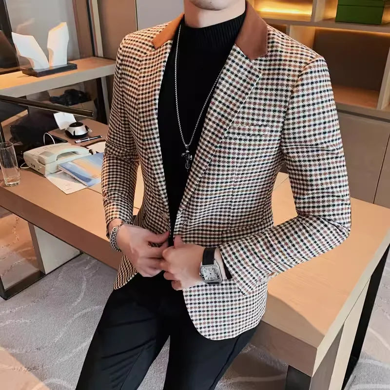 Brand Spring Plaid Men Blazers Business Casual Suit Jacket Men Clothing High-quality Streetwear Social Wedding Groom Dress Coat