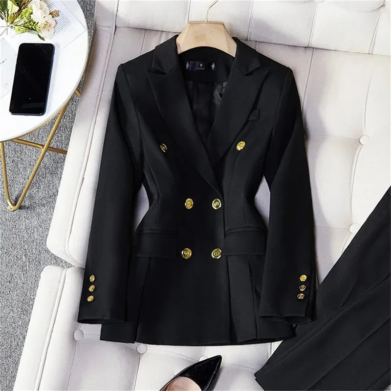 2025 Button Decoration Formal Jacket Blazer and Trouser 2 Piece Set Fashion Pink Green Black Ladies Work Wear Pant Suit Women