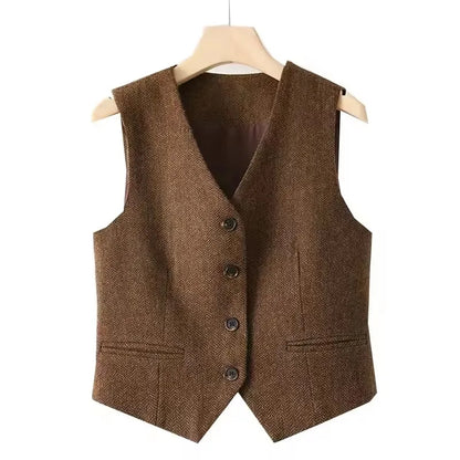 Vintage V-neck Casual Vest Jacket Women British Style  Loose Sleeveless Waistcoat 2025 New Spring Summer Buttons Ladies Outwear