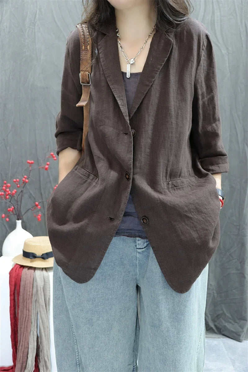 2026 Autumn New Style Women's Casual Pure Color Linen Long Sleeve Retro Fashionable Versatile Suiting Jacket Classic All-Match