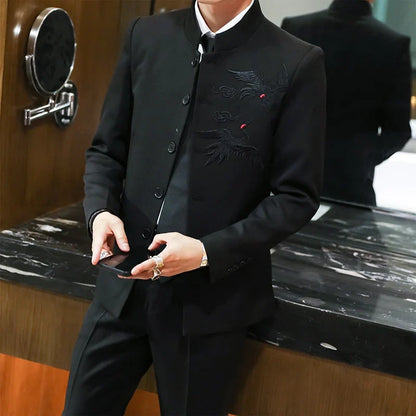 Suit (Blazer + Trousers) Men's Chinese-Style Stand-Up Collar Wedding & Business Suit