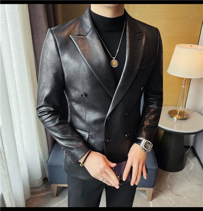Brand Retro Leather Suit Jacket Men British Style Double Breasted Casual Business Blazers Wedding Groom Party Banquet Jackets