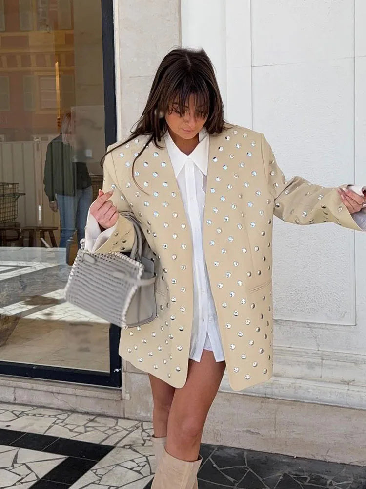 Women's Summer New Rivet Decorative V-neck No-button Casual Suit Jacket Female Temperature Sequin Suit Long Sleeve Jacket
