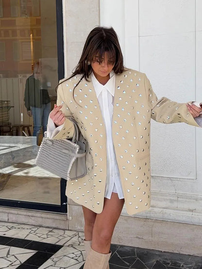 Women's Summer New Rivet Decorative V-neck No-button Casual Suit Jacket Female Temperature Sequin Suit Long Sleeve Jacket