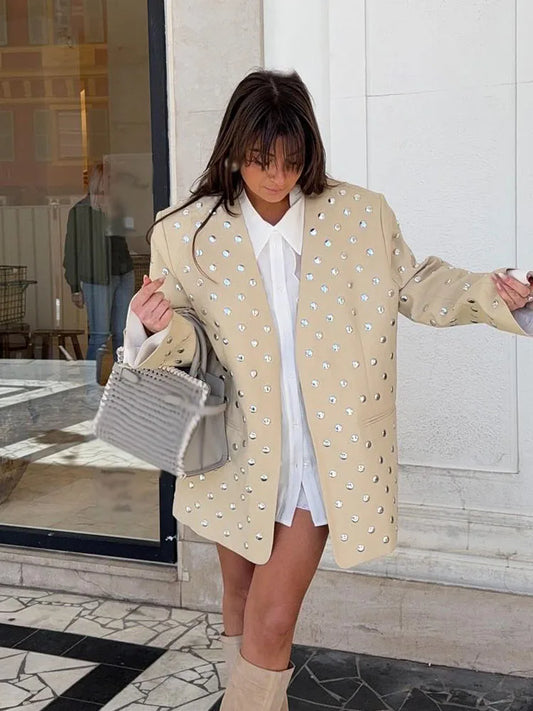 Women's Summer New Rivet Decorative V-neck No-button Casual Suit Jacket Female Temperature Sequin Suit Long Sleeve Jacket