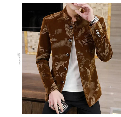 Luxury Retro Velvet Suit Jacket for Men Fashion Slim Fit Stand Collar Blazer Masculino Casual Business Wedding Dress Coat 2023