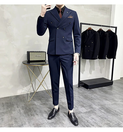 Men's Double-Breasted 2-Piece Suit – Slim Fit, Formal Business & Wedding