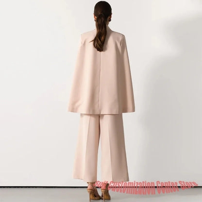 Women's Light Pink Cape Sleeve Blazer & Wide Leg Pants Set Double Breasted Office Wear Elegant Two Piece Suit for Formal Events