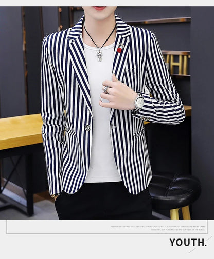 Men's Slim Fit Striped Casual Suit Jacket Korean Fashion Four Seasons New Boutique Handsome Small Suit