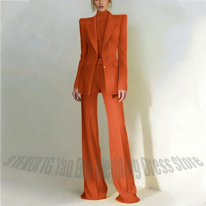 Women Pant Suit 2 Piece Set Office Female Business Work Formal Jacket Trouser One Button Chic Yellow Peaked Lapel Elegant Suit