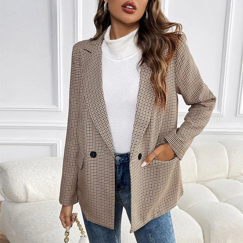 Spring Autumn 2026 Vintage Houndstooth Blazer Women Notched Loose Jacket Coat Women Clothing Female Casual 63997