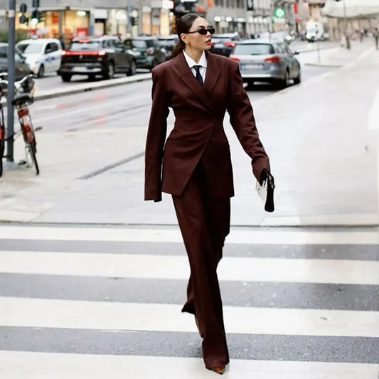 Elegant Women's Suit Slim Fit Two Piece Pants Sets Peaked Lapel Professional Business Workwear Daily Office Outfit for Ladies