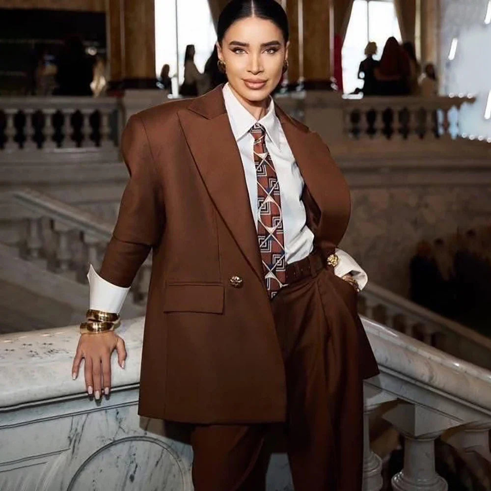 Modern Women Oversized Brown Suit Double Breasted 2‑Piece Blazer Wide Leg Pants Set Formal Business Wedding Guest Outerwears