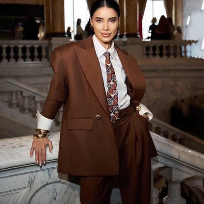 Modern Women Oversized Brown Suit Double Breasted 2‑Piece Blazer Wide Leg Pants Set Formal Business Wedding Guest Outerwears