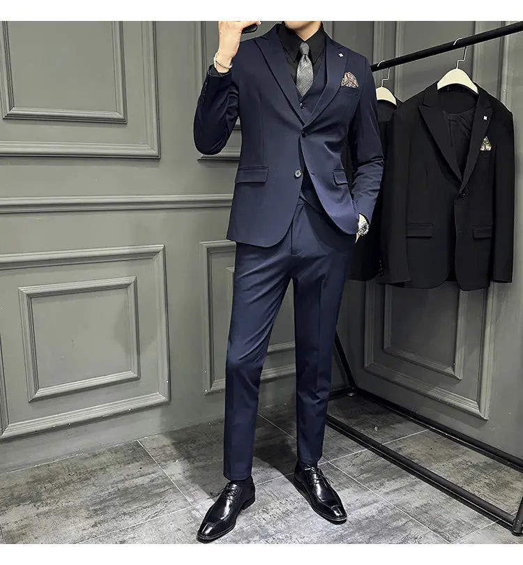 Men's 3 Piece Suit Set Double‑Button Slim Fit Solid Color Business Casual Wedding Party Jacket Vest Pants Formal Outfit for Men
