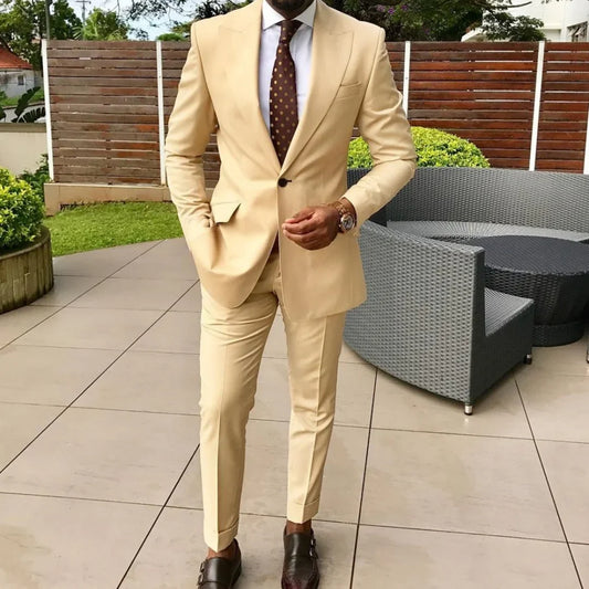 New Arrival Men Suits Champagne Groom Tuxedos Peak Lapel Groomsmen Wedding Best Man 2 Pieces ( Jacket+Pants)