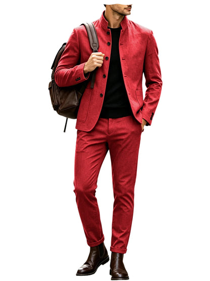 Men Stand Collar Linen Blazer Set Slim Fit 2 Pieces Jacket Pants Breathable Wrinkle‑Resistant Vintage Casual Business Outerwear