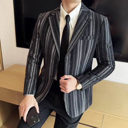 High Quality Plush Striped Fashion casual Suit Jacket Autumn Winter New Men Slim Fit Business Formal Social Prom Party Tuxedos