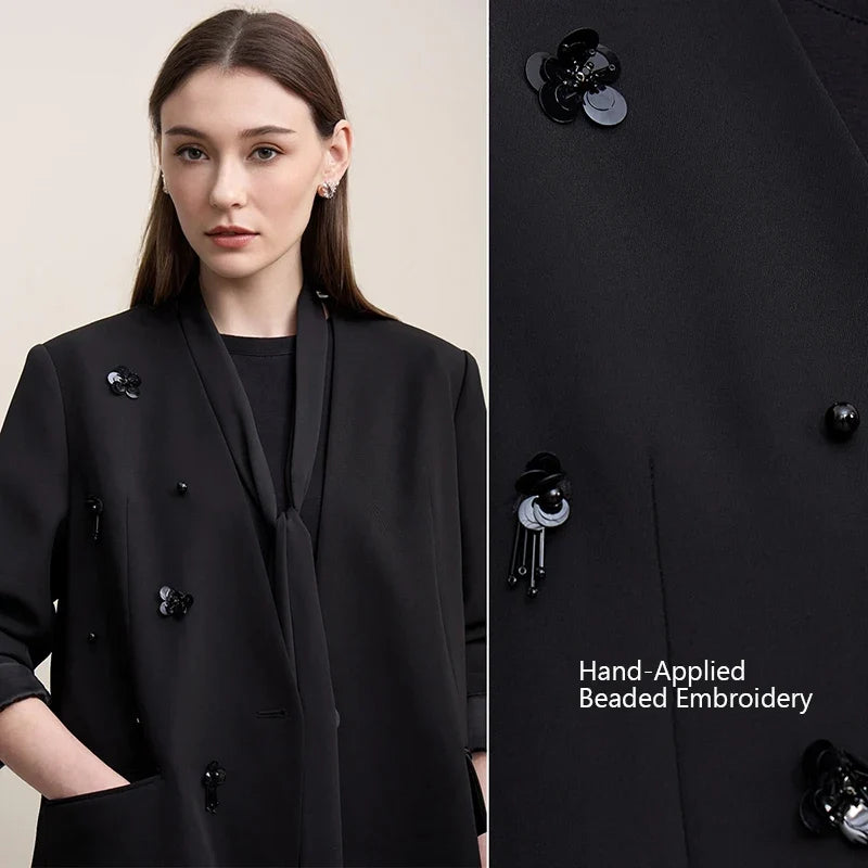 Women's Jacket 2026 Autumn New Elegant Commuter Beaded Flower Chiffon Streamer Tie Blazers Solid Loose V-Neck Top 12641078