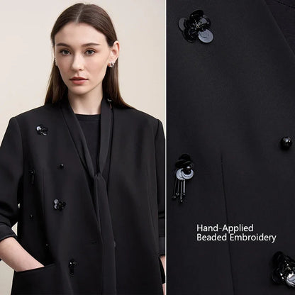 Women's Jacket 2026 Autumn New Elegant Commuter Beaded Flower Chiffon Streamer Tie Blazers Solid Loose V-Neck Top 12641078