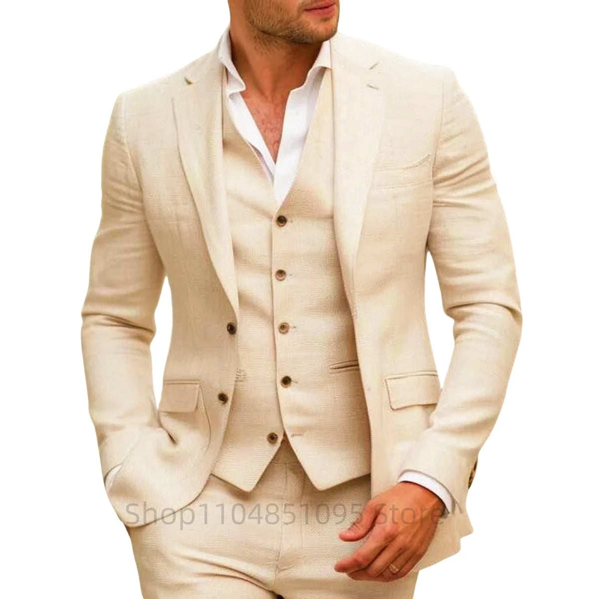 Beige/Blue Linen Suit for Men 3 Pieces Slim Fit Formal Wedding Prom Tuxedos Set Best Man Groom Summer Costume Homme New Design